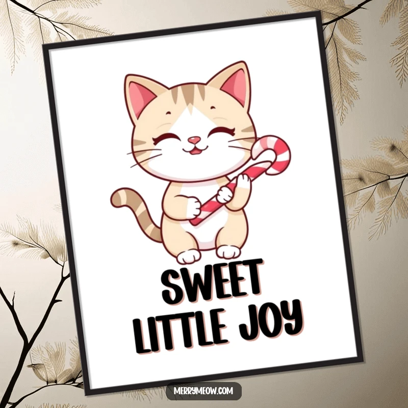 Funny Digital Art Print: Cheery cat holding a tiny candy cane, radiating holiday sweetness.