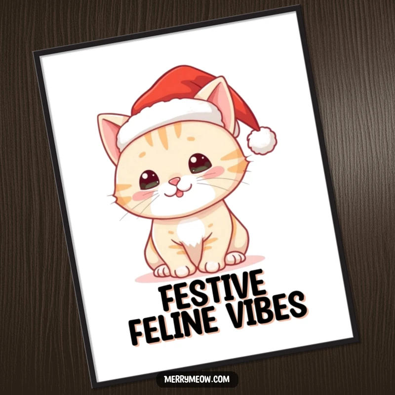 Funny digital art print of a cute Christmas cat wearing a Santa hat, symbolizing holiday spirit.