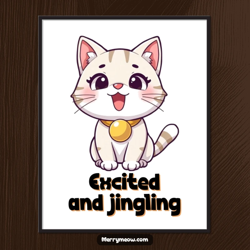 Funny digital art print of an excited cat with a jingle bell collar, bringing instant feline joy and playfulness.