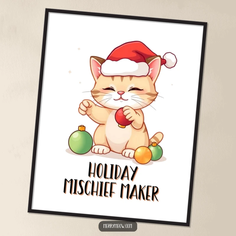 Funny festive cat digital art print of a cat in a Santa hat playing with Christmas ornaments, ready to be printed.