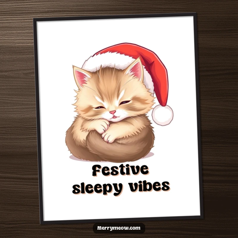 Funny digital art print of a content fluffy kitten snoozing in a Santa hat, perfect for instant festive wall decoration.