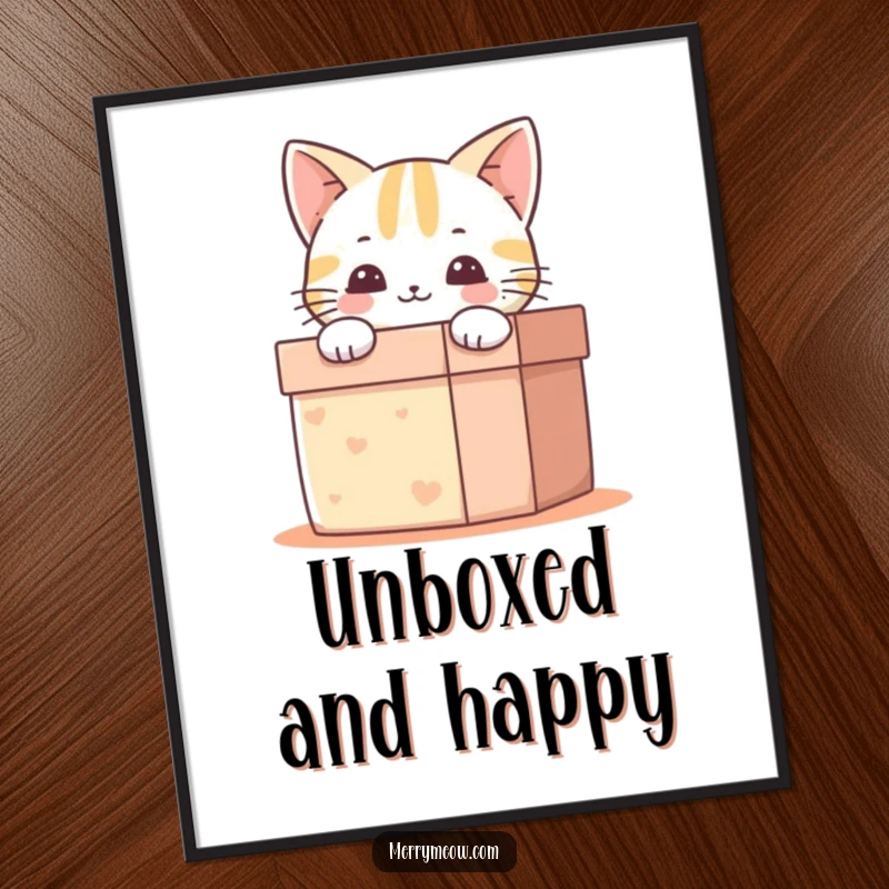 Funny Digital Art Print: Happy cat peeking from a gift box, radiating joy and surprise.