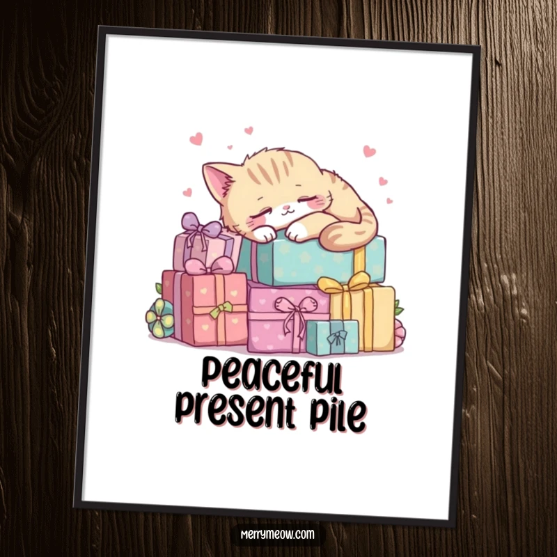 Funny kawaii cat napping peacefully on a pile of presents, downloadable art for serene decor.
