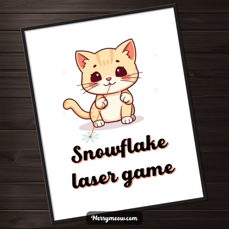 Funny kawaii cat chasing a laser pointer dot on a snowflake, downloadable art for energetic decor.