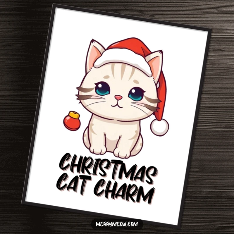 Funny kawaii cat wearing a Santa hat with jingle bells, festive downloadable art for immediate holiday spirit.