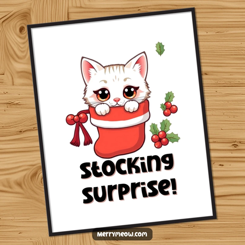 Funny kawaii cat peeking from a Christmas stocking with wide eyes, downloadable art for festive decor.