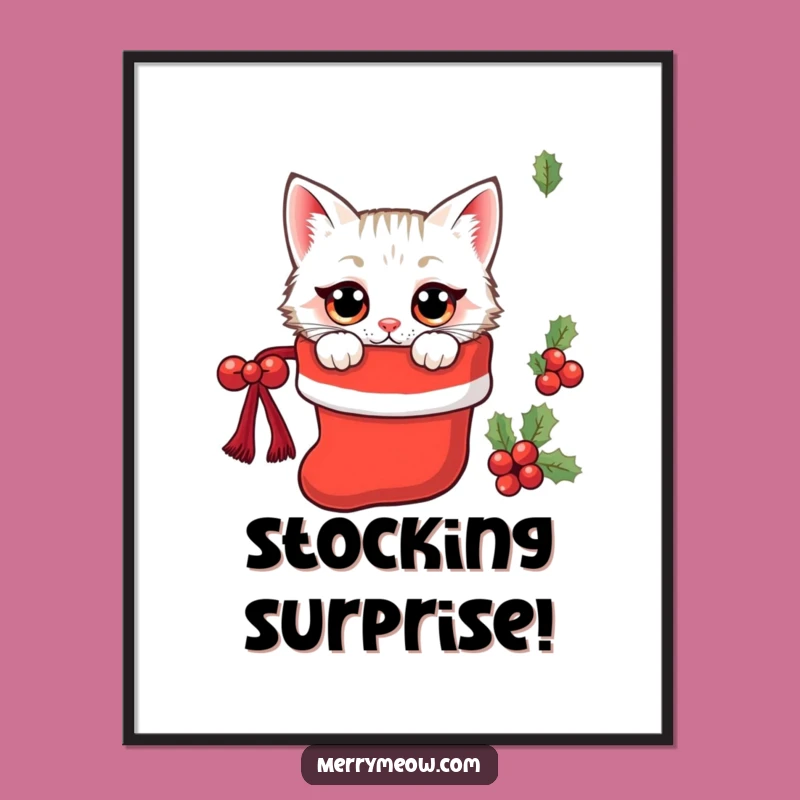 Funny Kawaii Stocking Cat Digital Art: Instant Holiday Surprise Print Gift