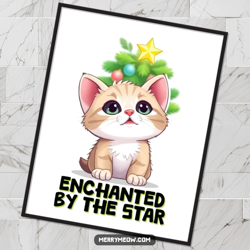 Funny digital art print of a kitten looking up with adoring eyes at a twinkling Christmas tree star, perfect for instant decor.
