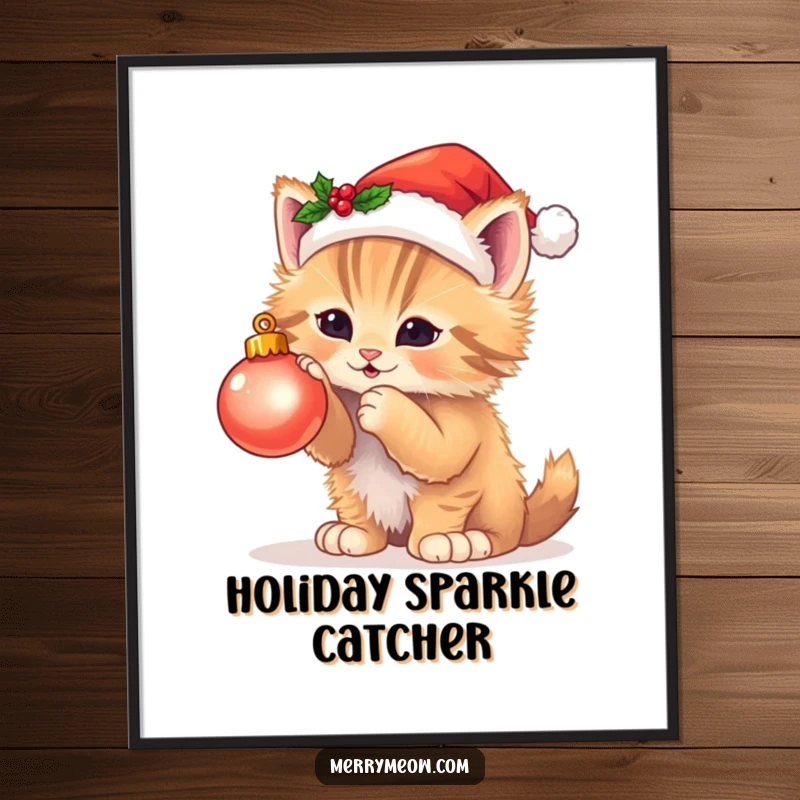 Funny digital art print of a fluffy kitten wearing a Santa hat, batting at a twinkling Christmas ornament, capturing holiday merriment.