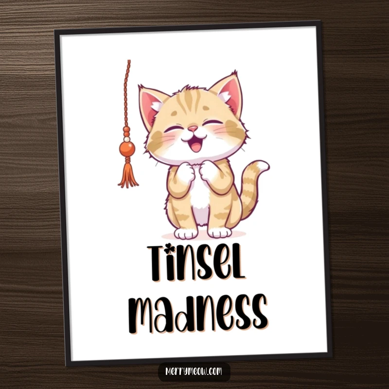 Funny kitten digital art print, gleefully batting at shiny tinsel, perfect for instant holiday decoration and spreading playful cheer.