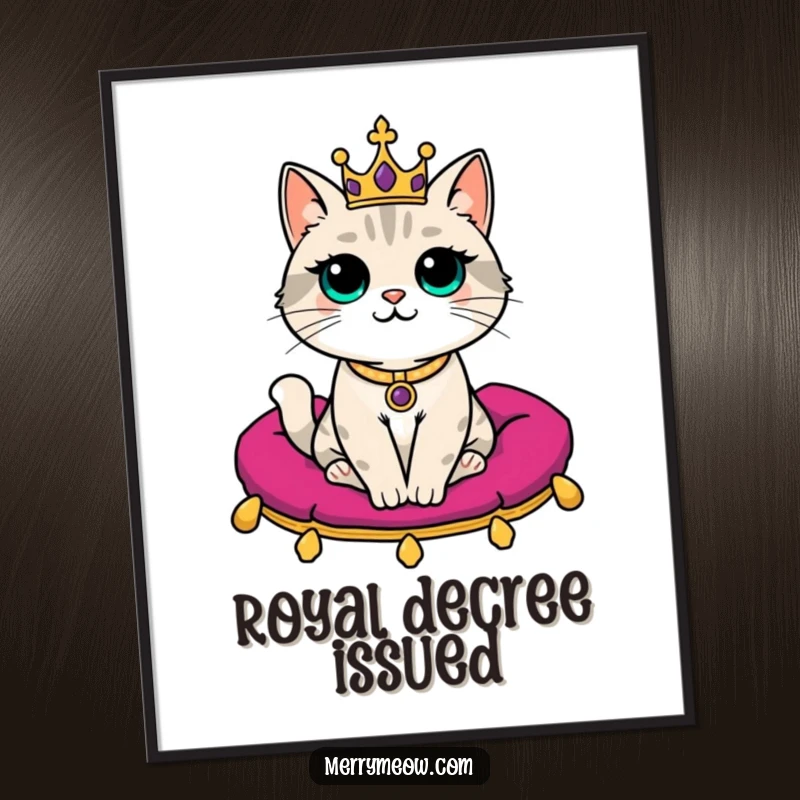Funny Digital Art Print: A dignified cat with a tiny crown sits regally on a velvet cushion, exuding hilarious, aristocratic charm.