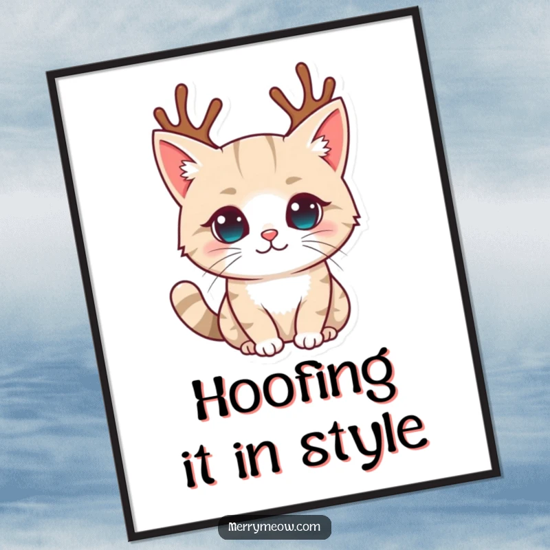 Funny digital art print of a cat character adorably wearing miniature reindeer antlers, radiating holiday spirit and playful cuteness.