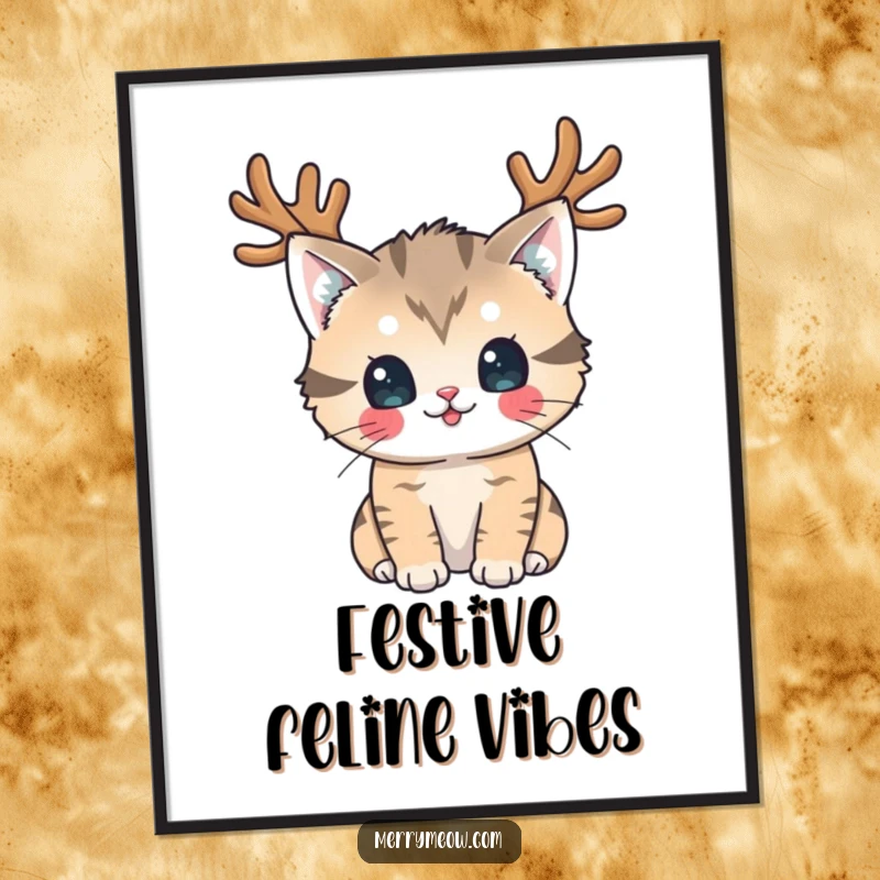 Funny Digital Art Print: A playful cat wearing reindeer antlers looks at the viewer, exuding hilarious festive holiday charm.