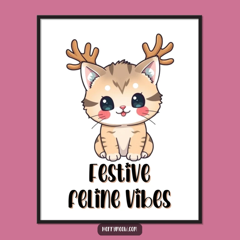 Funny Reindeer Cat Digital Art: Festive Feline Print, Charming Funny Holiday Gift!