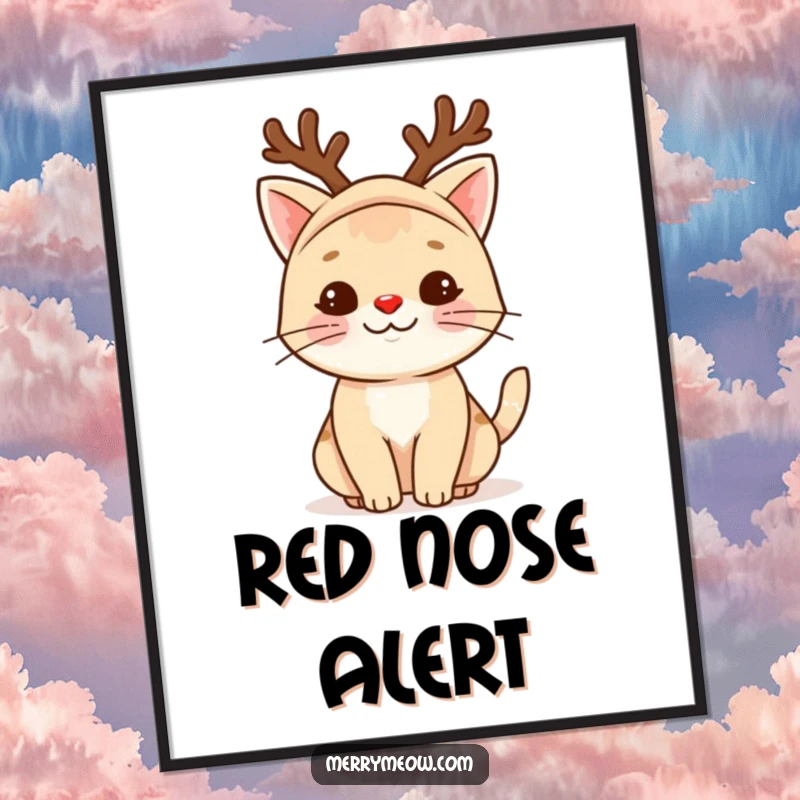 Funny reindeer cat digital art print showing a cute cat in a festive reindeer costume, perfect for holiday digital decorations.