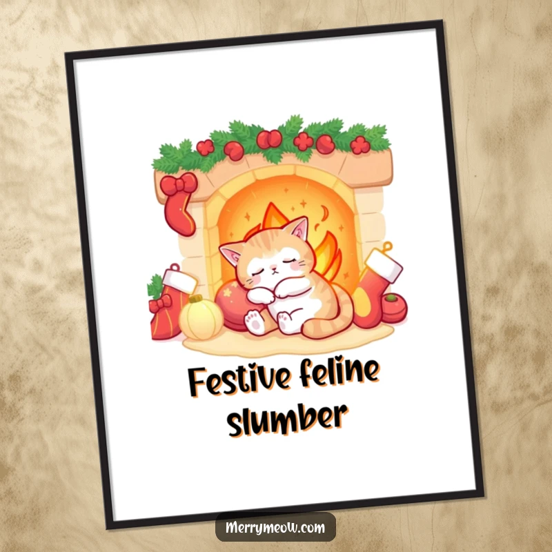 Funny sleepy cat character napping by a fireplace with stockings, available as a high-resolution digital art download.