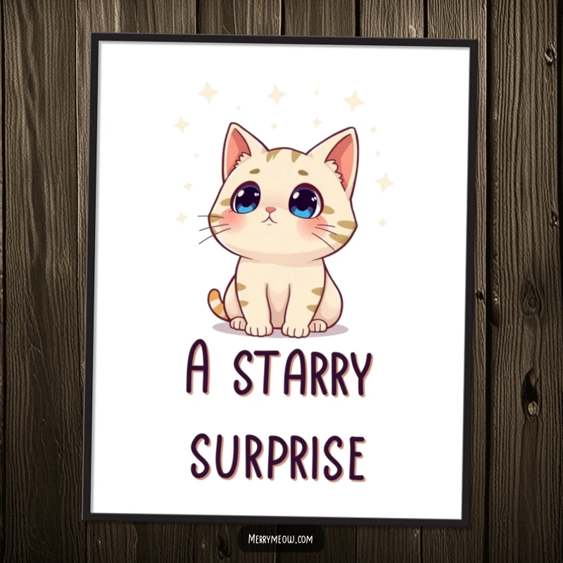 Funny digital art of a surprised cat character with wide eyes looking up at a display of bright, twinkling holiday lights.