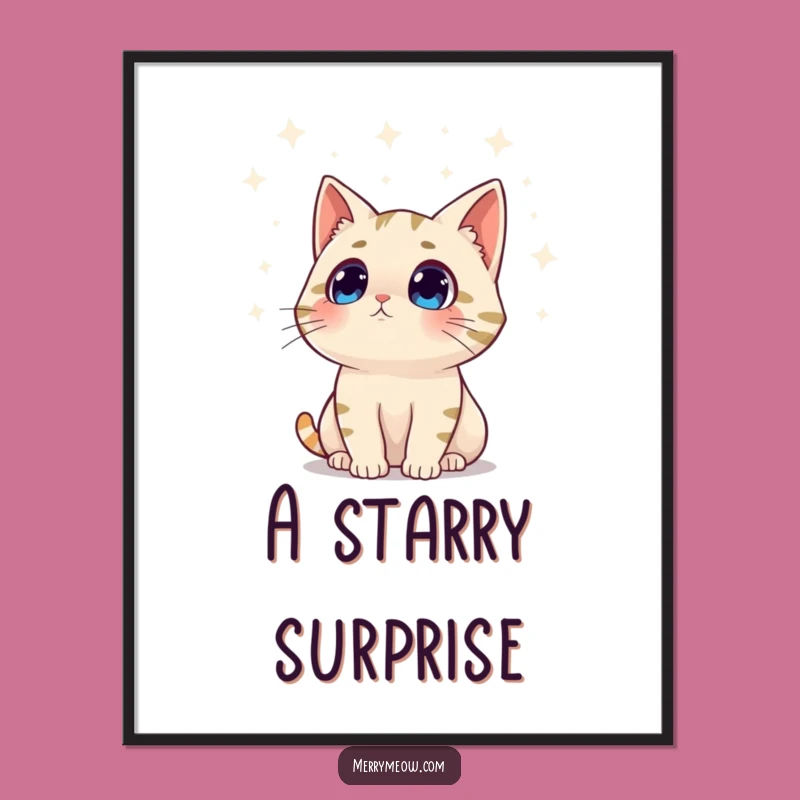 Funny Surprised Cat Twinkling Lights Digital Art Print, Whimsical Holiday Decor Gift