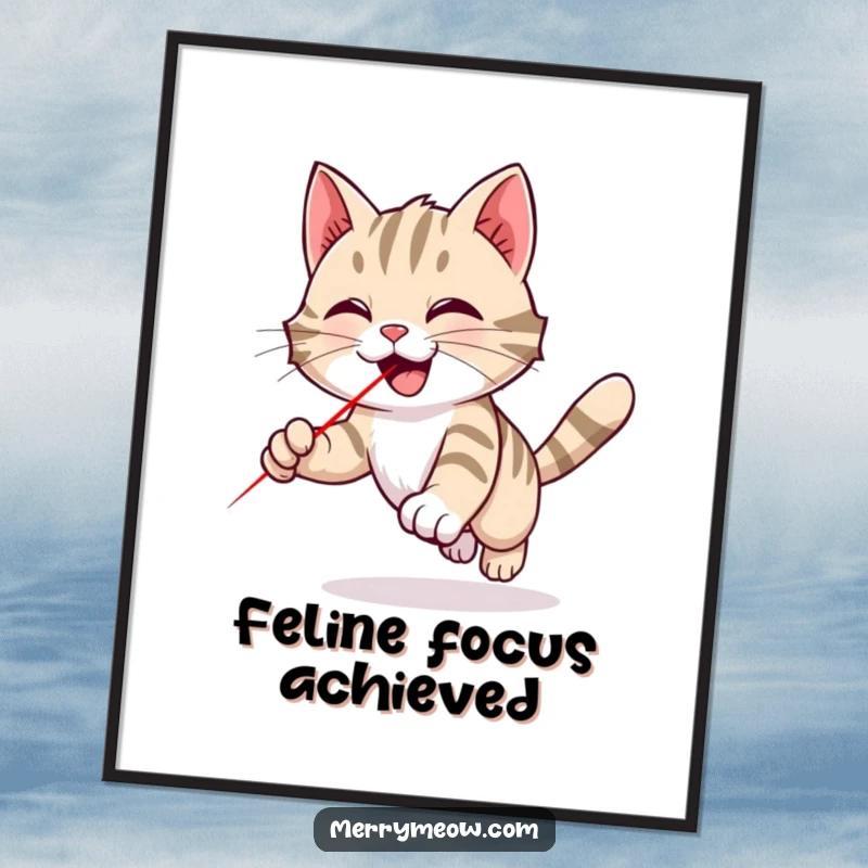Funny tabby cat digital art print of a cat joyfully chasing a red laser dot, bringing vibrant energy and humor to any wall.