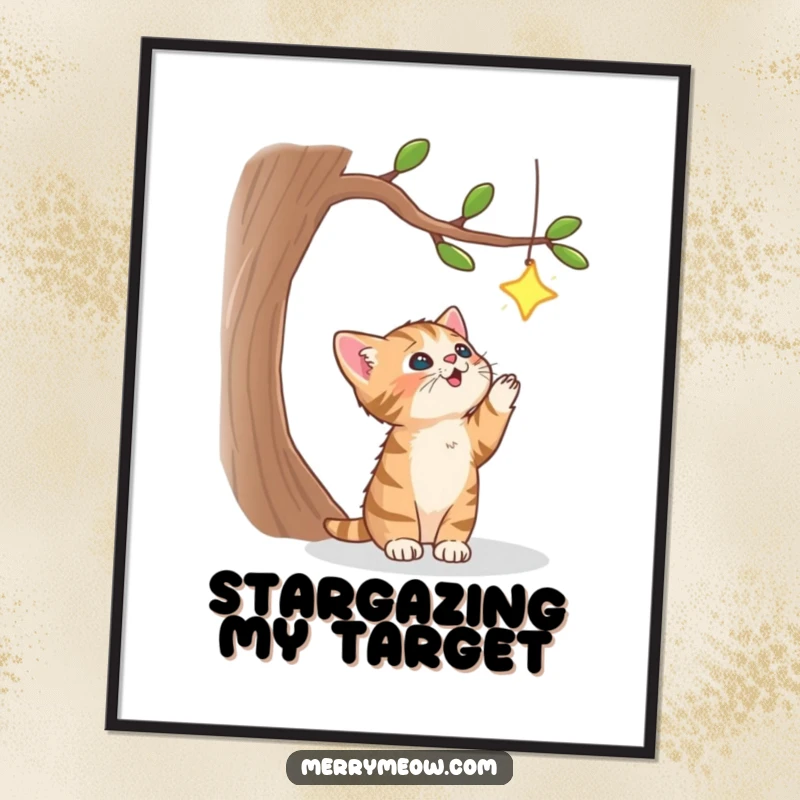Funny digital art print of a spirited tabby kitten leaping towards a bright star on a whimsical tree, perfect for instant wall decor.