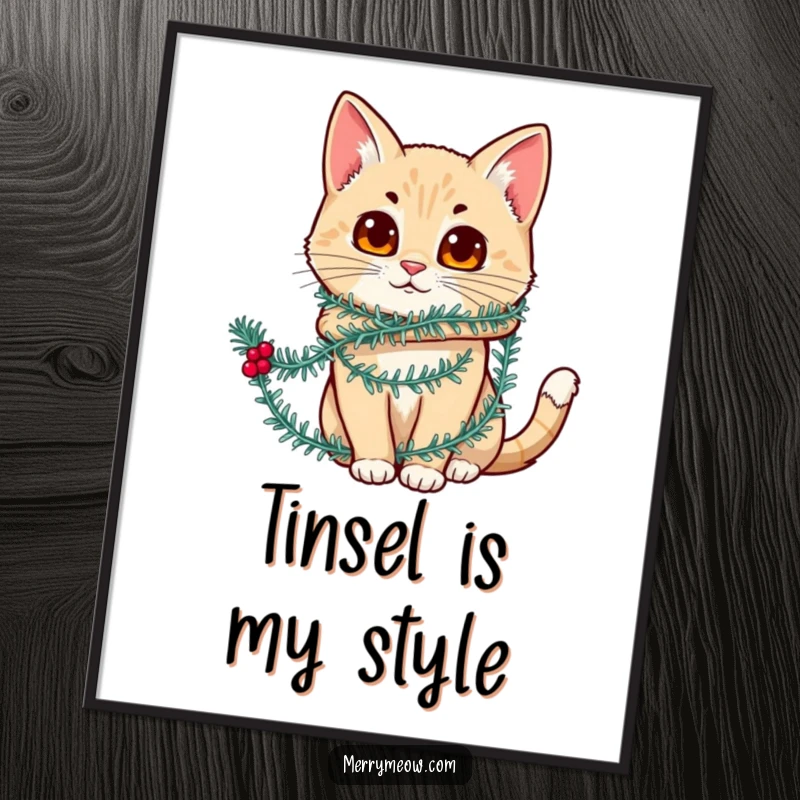Funny digital art print of a cat character hilariously wrapped in festive tinsel, perfect for instant, humorous holiday decor.
