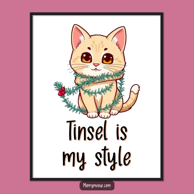 Funny Tinsel Cat Digital Print: Instant Hilarious Holiday Decor for Cat Lovers