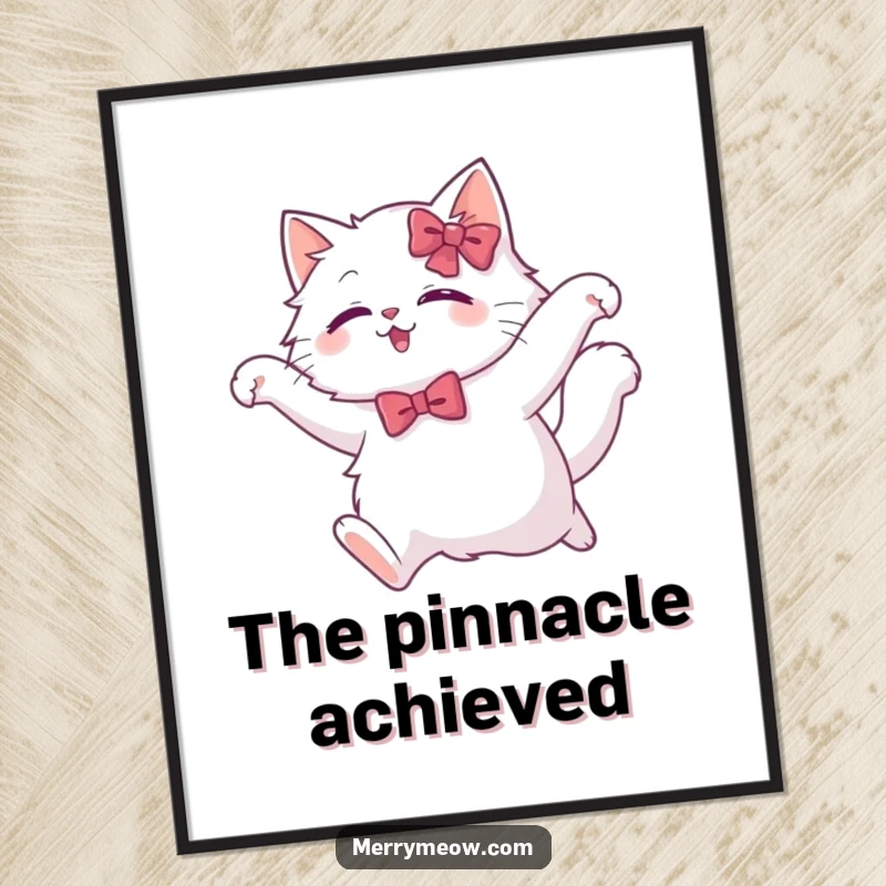 Funny white cat digital art print of a fluffy cat in a festive bow, performing a graceful leap, bringing elegance and humor to any wall.