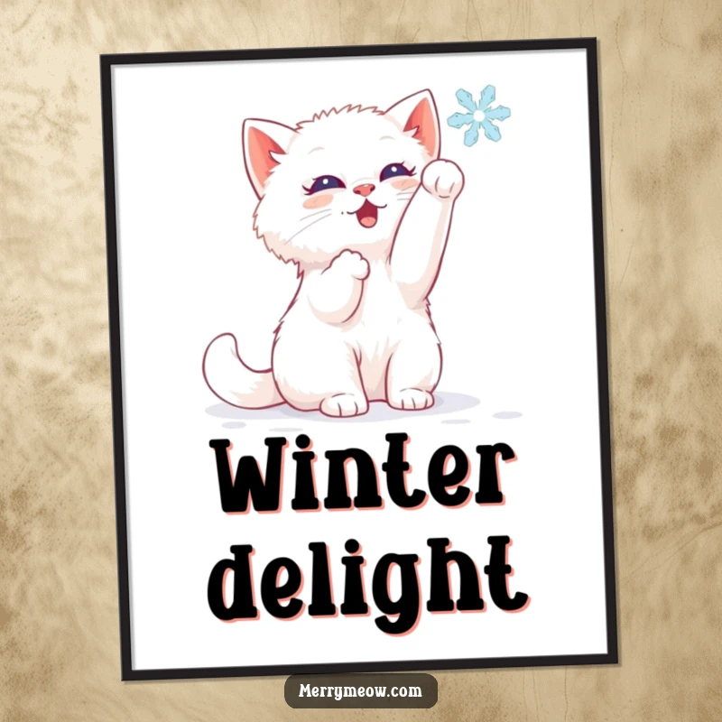 Funny digital art print of a white kitten batting at a falling snowflake, capturing pure winter delight.