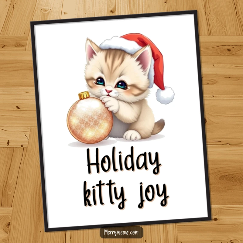 Funny Kitten Santa Hat Digital Art Print: Instant download of a fluffy kitten in a Santa hat playfully batting at a shimmering ornament, festive wall art.