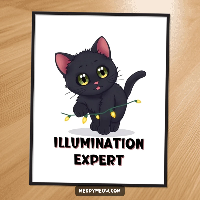 Funny digital art print of a black kitten with wide eyes pouncing on twinkling lights, for immediate display.