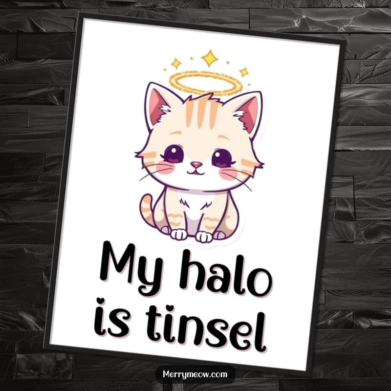Funny digital art print of a sacred cat adorned with a shimmering tinsel halo, adding instant divine and festive charm.