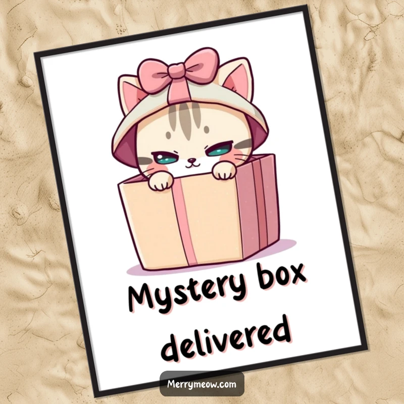 Funny digital art print of a mischievous cat peeking from a brightly wrapped gift box, adding a humorous and surprising touch.