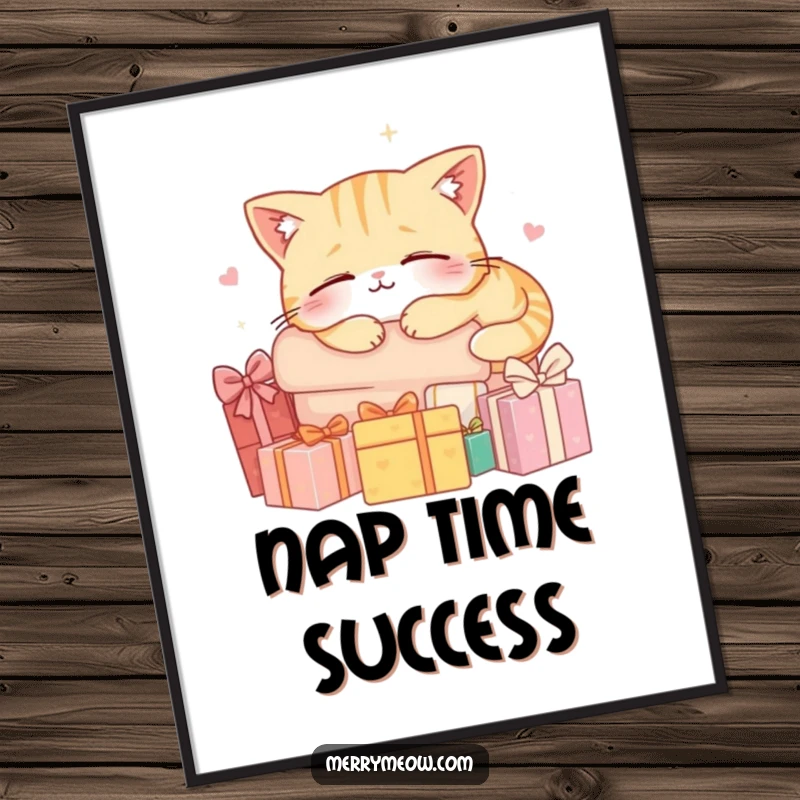 Funny digital art print of a cat character happily napping on a pile of gifts, perfect for instant cozy holiday decor.