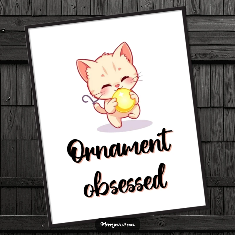 Funny digital art print of a kitten happily chasing a glowing holiday ornament, bringing instant festive joy.