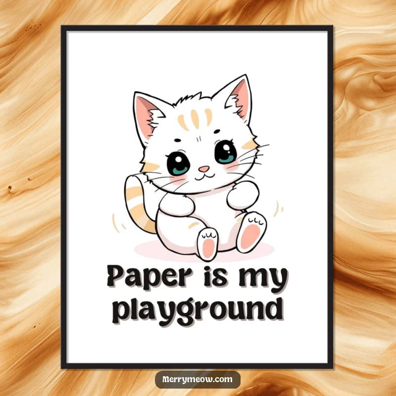 Funny digital art print of a cat character having an absolute blast rolling and playing inside a massive amount of colorful, shredded wrapping paper.