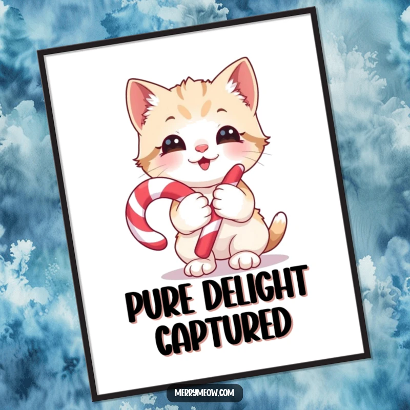 Funny Digital Art: A kitten gleefully holding a candy cane, bringing instant holiday joy and sweetness, perfect for funny gifts.