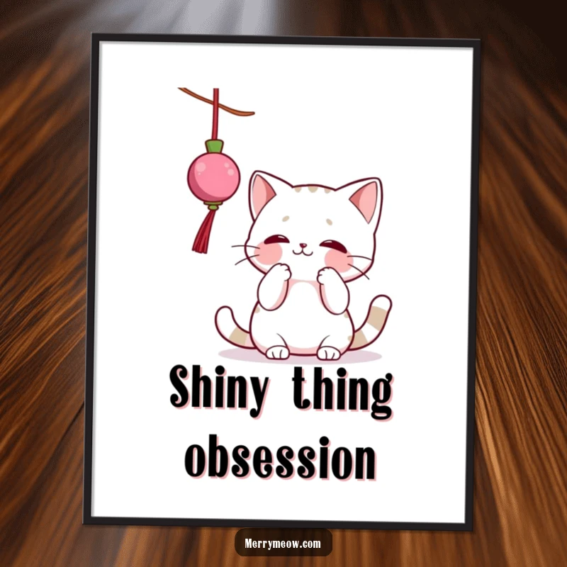 Funny digital art print of a cat character gleefully batting at a dangling Christmas ornament, conveying playful holiday spirit instantly.