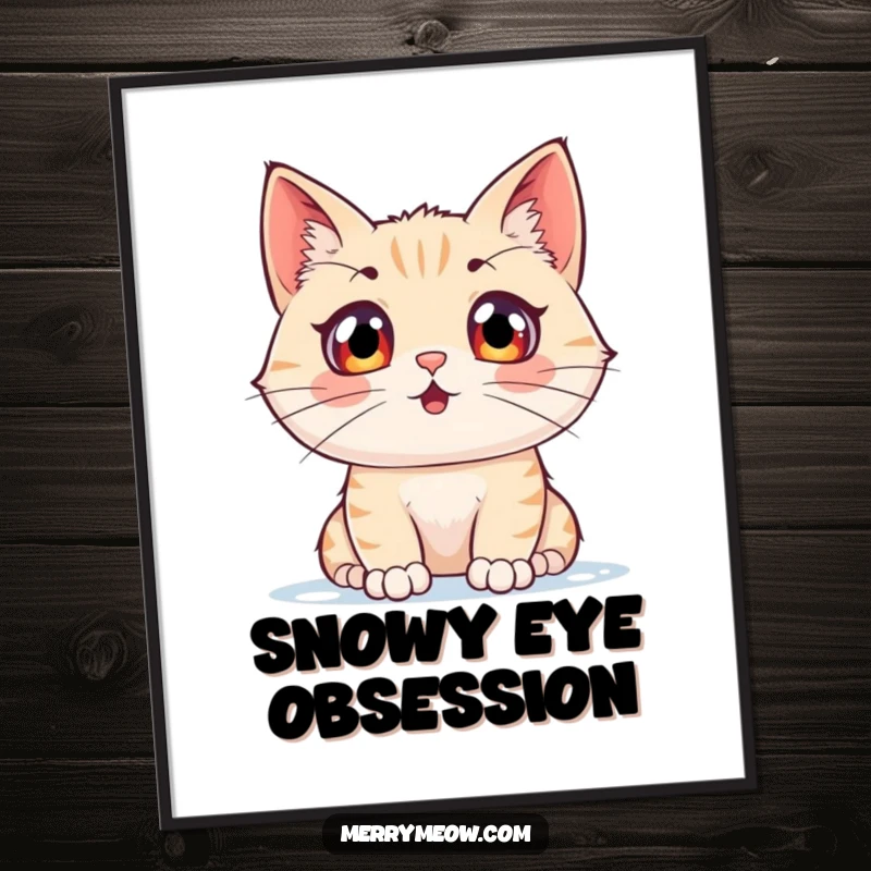 Funny digital art print of a cat character with wide, excited eyes watching snow, perfect for instant winter decor.