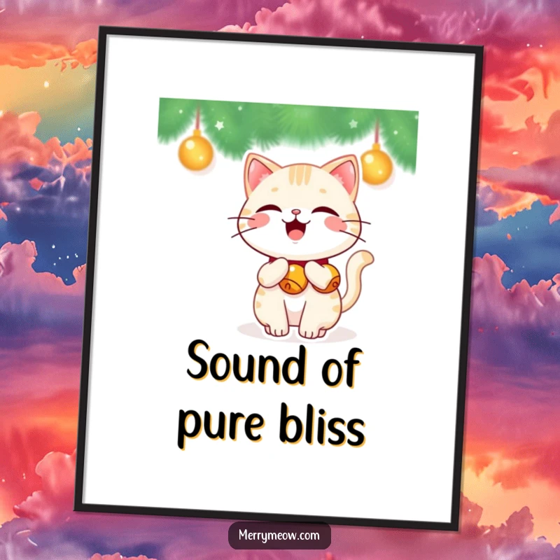 Funny Kawaii Cat Digital Art Print of a cute cat with jingle bells on its tail, wagging happily, festive and joyful.