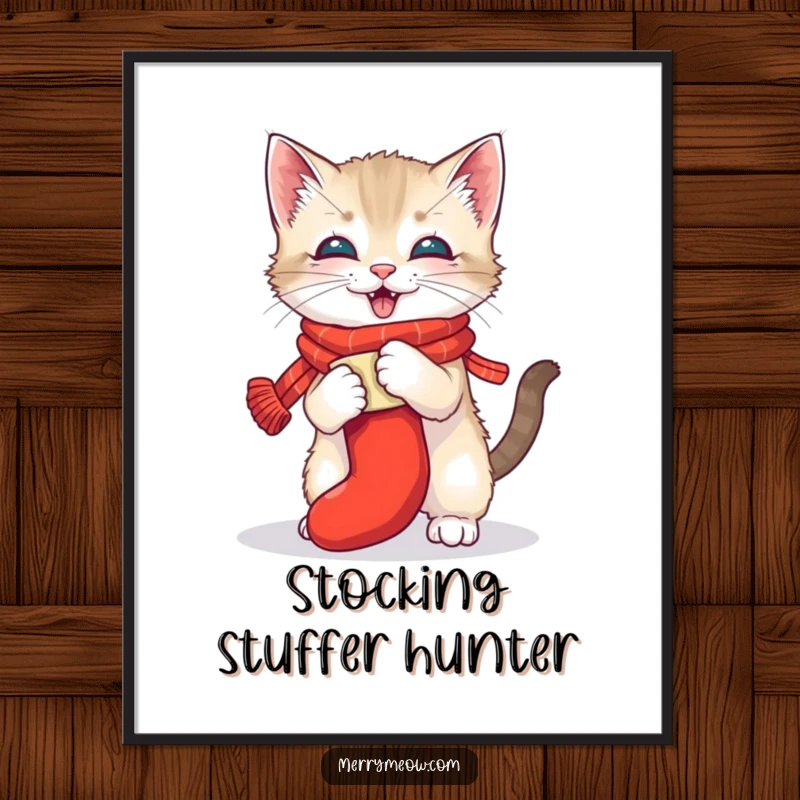 Funny digital art print of a playful kitten wearing a scarf wrestling a Christmas stocking, capturing holiday mischief and festive humor, a gift.
