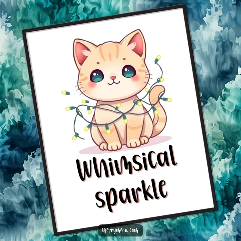 Funny kawaii cat digital art print of a cat tangled in fairy lights, conveying playful festivity and charm.