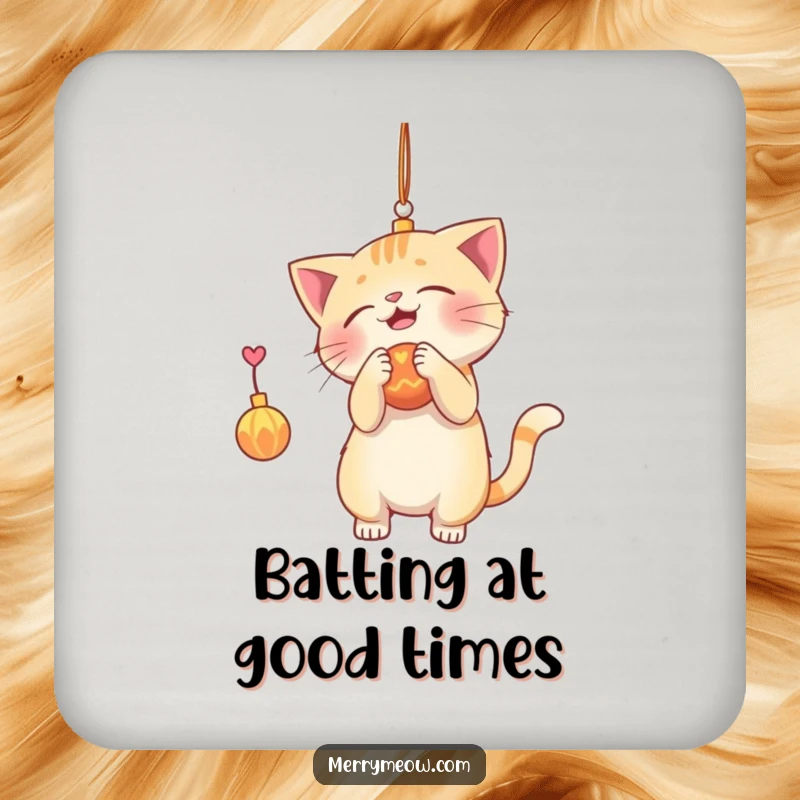 Funny coaster with a playful cat batting at a dangling ornament, protecting surfaces with festive feline charm.