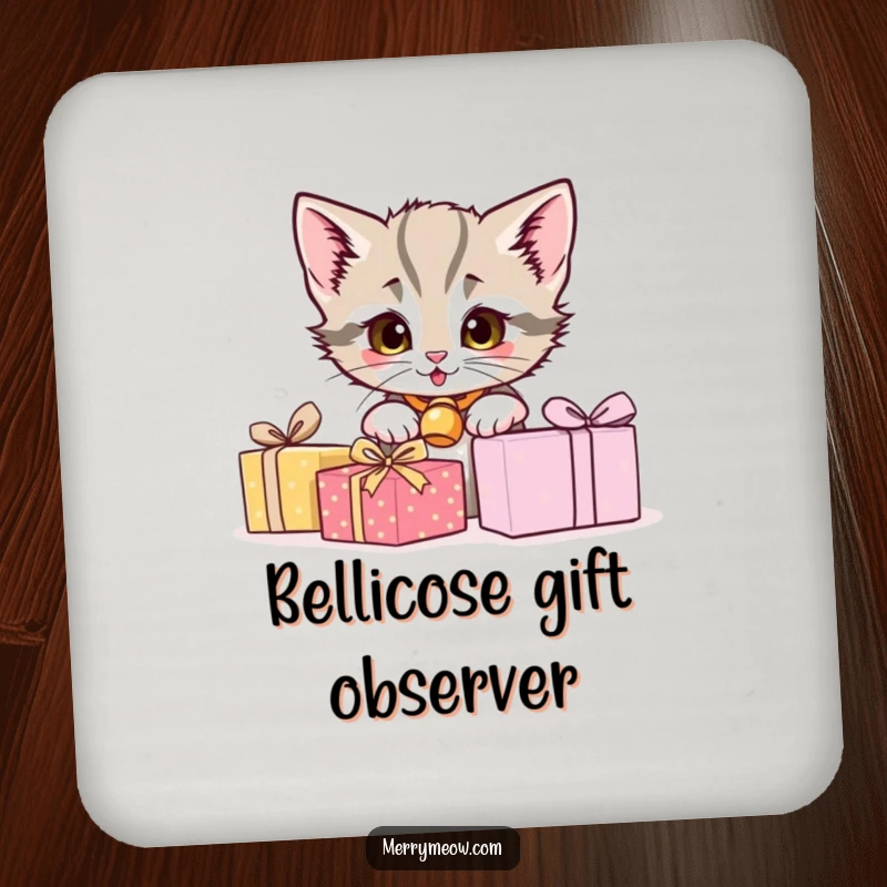 Funny drink coaster featuring a naughty kitten peeking over the edge, protecting surfaces with style.