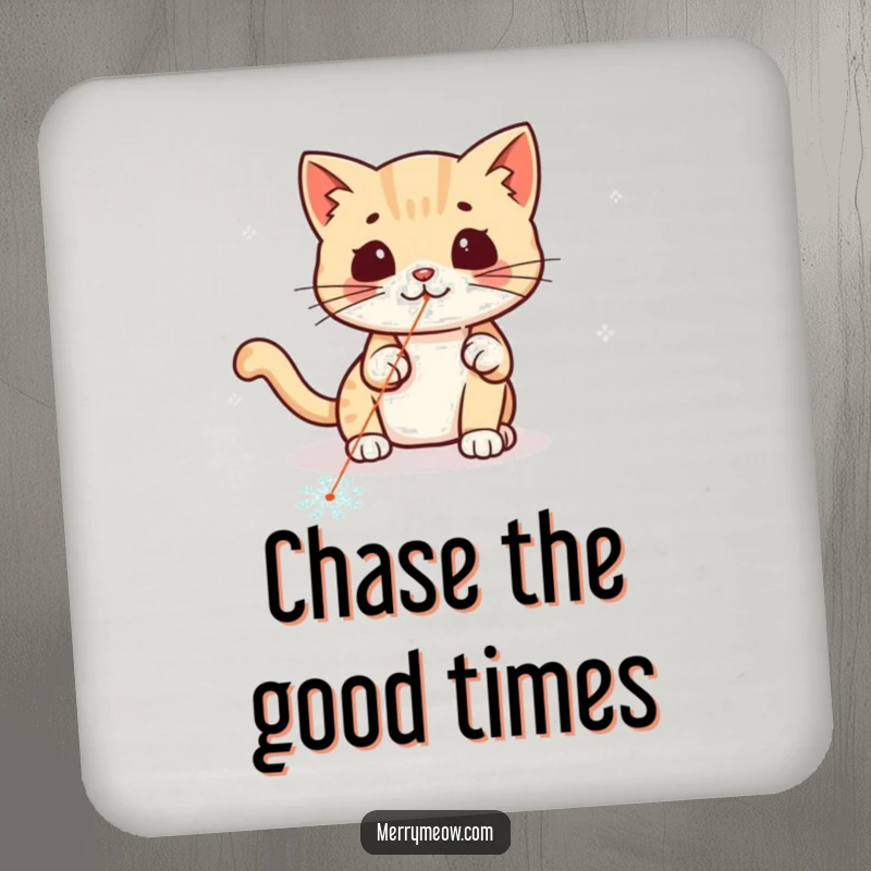 Funny kawaii cat chasing a laser pointer dot on a snowflake, a protective and fun drink coaster.