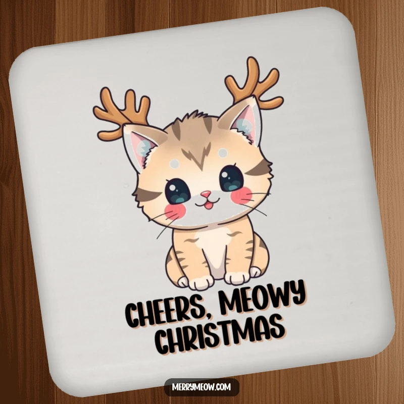 Funny Coaster: A playful cat wearing reindeer antlers looks directly at the viewer with a hilariously festive expression.