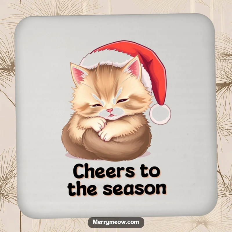Funny drink coasters showcasing a fluffy kitten happily settled in a Santa hat, perfect for protecting tables during holiday gatherings.