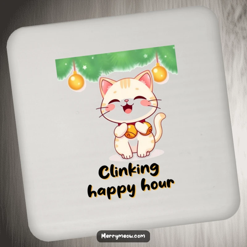 Funny Kawaii Cat Coaster set with a cute cat having jingle bells on its tail, wagging happily, protecting surfaces.