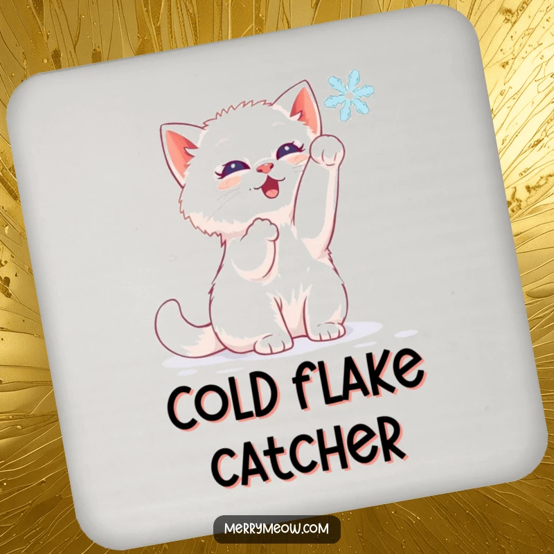 Funny drink coaster with a white kitten joyfully batting at a falling snowflake, protecting surfaces.
