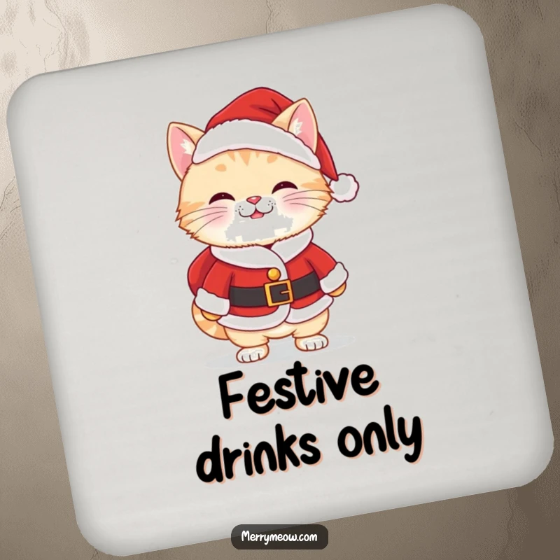 Funny Kawaii Santa Cat Coaster featuring a cute cat in a Santa suit with a cheeky grin, protecting surfaces humorously.