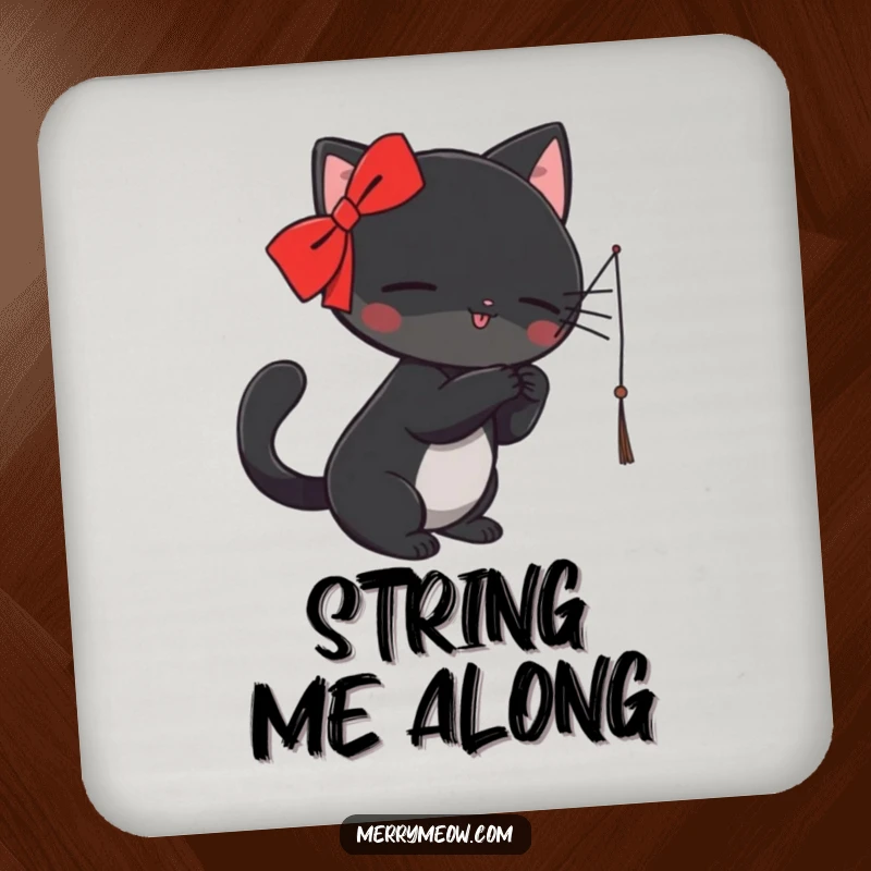 Funny Coaster: A black cat with a red ribbon playfully bats at a dangling string, hilariously protecting your surfaces.